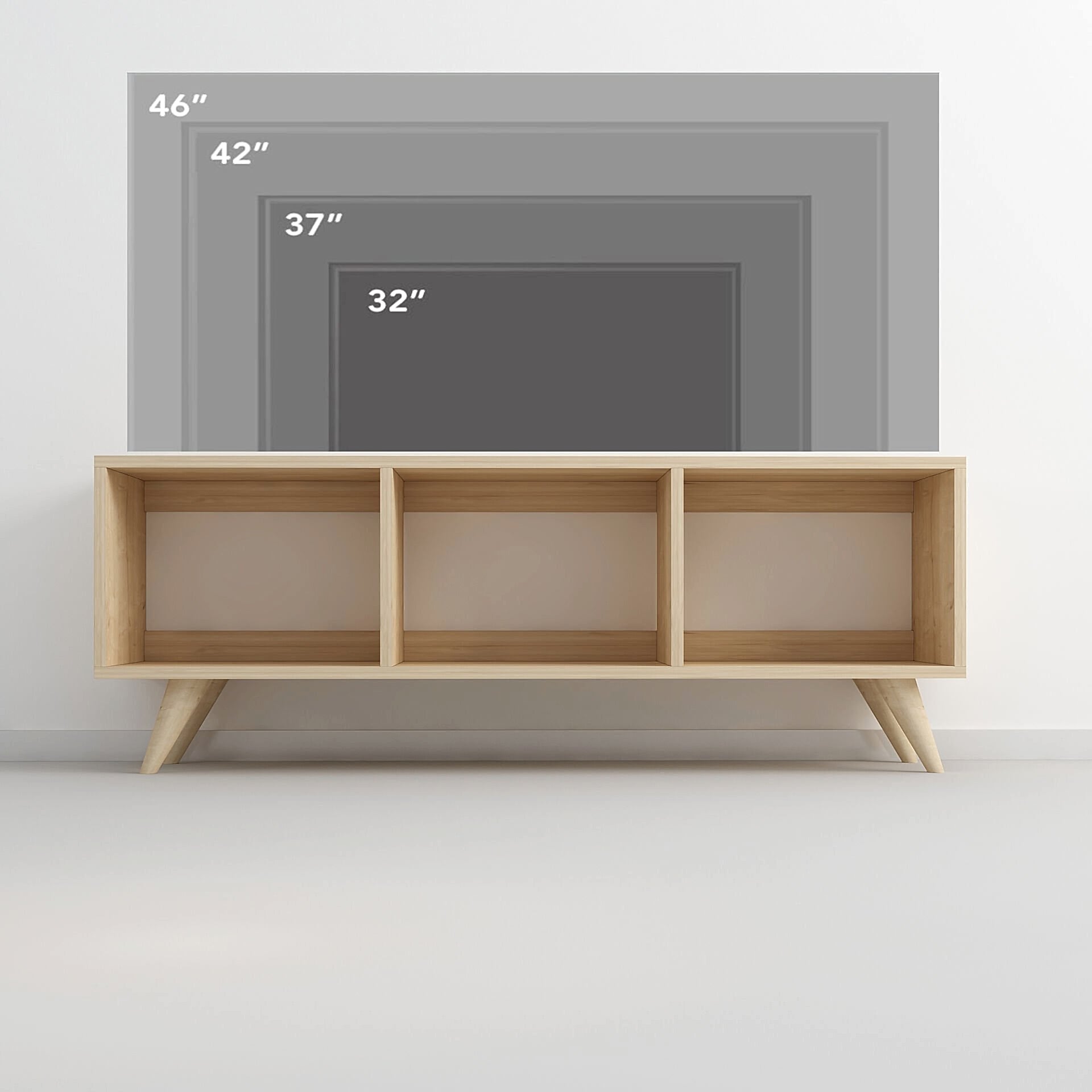 Tina TV Sehpası – 120 cm Açık Meşe Renkli, Retro Tarz Ahşap Ayaklı Minimal TV Sehpası