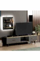 Aren Işıklı TV Ünitesi – Duvara Monte Raflı, Gold Detaylı Modern Tasarım