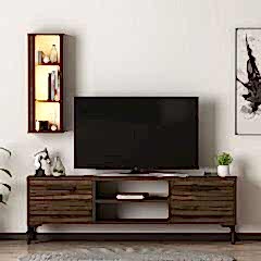 Bien Işıklı 2 Kapaklı TV Ünitesi ve Duvara Monte LED ışıklı Raf - Ceviz