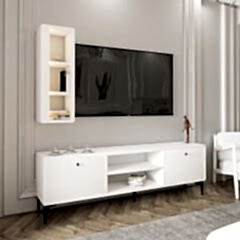 Bien Işıklı 2 Kapaklı TV Ünitesi ve Duvara Monte LED ışıklı Raf - Beyaz